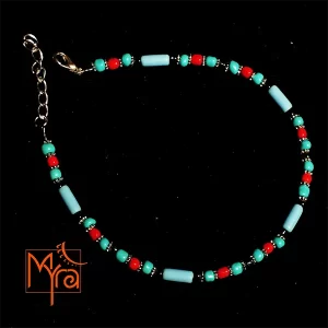 Pipe and Round Beaded Anklet : Turquoise, Red