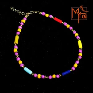Pipe and Round Beaded Anklet : Violet, Yellow, Blue