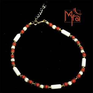 Pipe and Round Beaded Anklet : White, Brown
