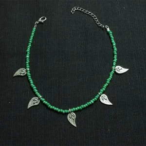 Green Beaded Leaf Charm Anklet