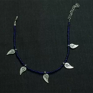 Navy Blue Beaded Leaf Charm Anklet