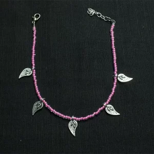 Pink Glass Beaded Leaf Charm Anklet