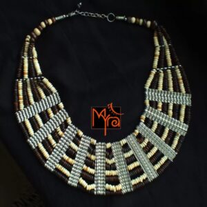 Eight Layer Wooden Beaded Statement Necklace : Off White & Brown