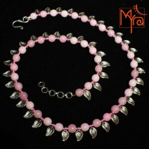 Metal Leaf Charm Pink Beaded Necklace
