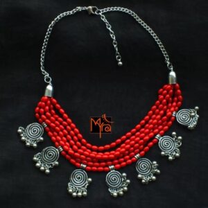 Six Layer Beaded Necklace with Hanging Charms : Red