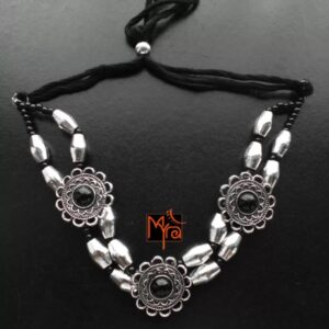 Flower Charm and Metal Beaded Choker : Silver
