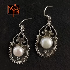 Round Pearl Earrings on Oxidised Silver