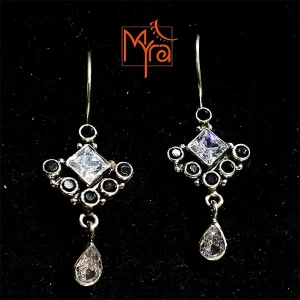 Rhombus Shaped Earrings with Teardrop Danglers : Zircon & Iolite