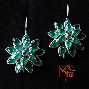 Double Flower Studded Danglers : Green Onyx