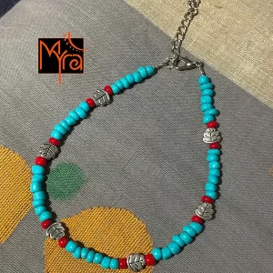Turquoise & Red Beaded Anklet with Charms