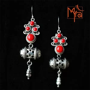 Double Layered Stone & Silver Danglers : Coral
