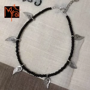 Black Anklet with Long Silver Flower Charms