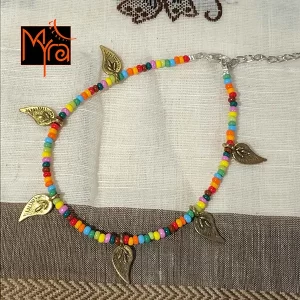 Multicolor Anklet with Long Golden Leaf Charms