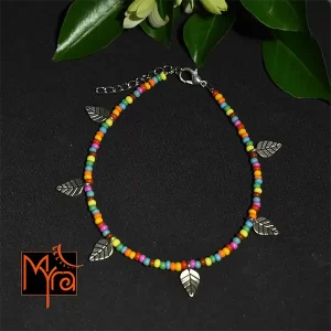 Glass Beaded Anklet with Leaf Charms : Multicolor