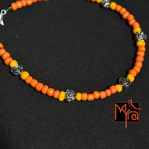 Glass Beaded Anklet with Rose Charms : Orange