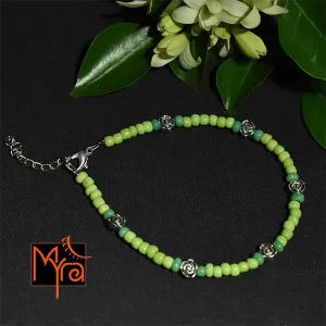 Glass Beaded Anklet with Rose Charms : Green