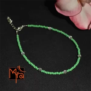 Glass Beaded Anklet with Dandelion Charms : Green