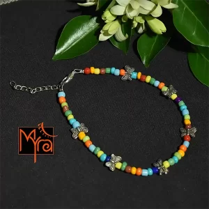 Glass Beaded Anklet with Butterfly Charms : Multicolor