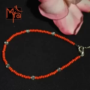 Glass Beaded Anklet with Dandelion Charms : Red