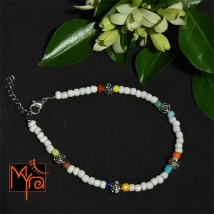 Glass Beaded Anklet with Rose Charms : White, Multicolored