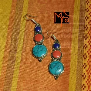 Triple Layer Earring : Blue, Red, Turquoise
