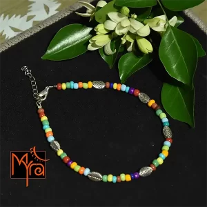 Glass Beaded Anklet with Leaf Charms : Multicolor