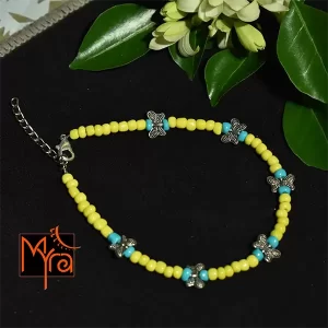 Glass Beaded Anklet with Butterfly Charms : Yellow, Turquoise