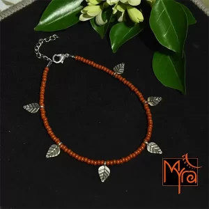 Glass Beaded Anklet with Leaf Charms : Brown