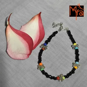 Glass Beaded Anklet with Butterfly Charms : Black, Multicolor