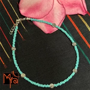 Glass Beaded Dandelion Charm Anklet : Turquoise