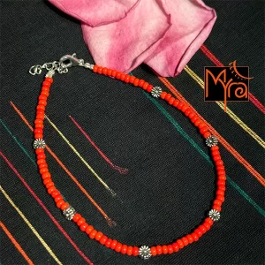 Glass Beaded Dandelion Charm Anklet : Tomato Red
