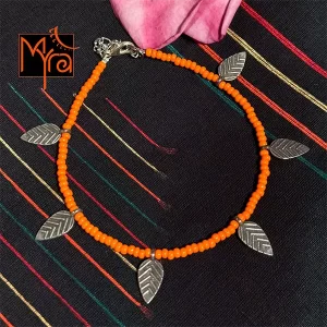 Glass Beaded Leaf Charm Anklet : Orange