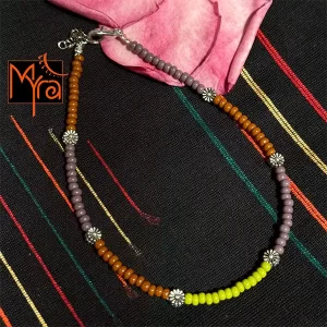 Glass Beaded Dandelion Charm Anklet : Green, Brown, Mauve